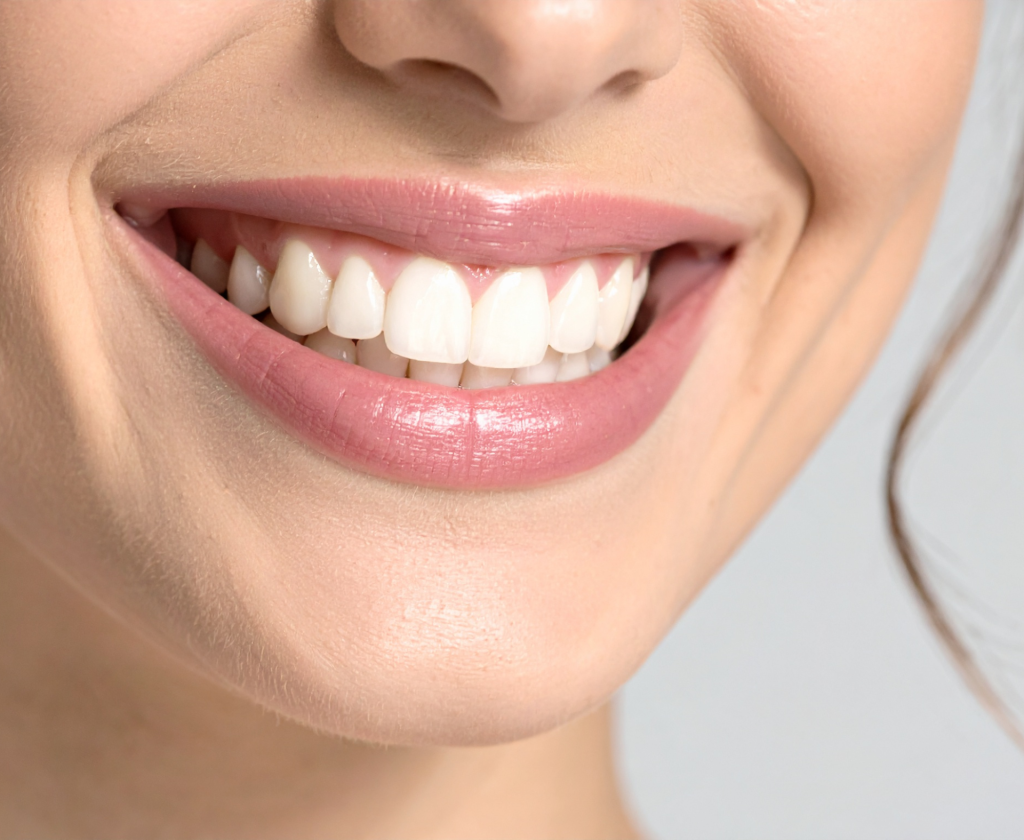 Close-up de dentes naturais e saudáveis, ilustrando a importância da preservação da estrutura dentária ao longo da vida.