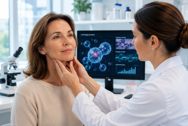 Médica a avaliar a pele de uma paciente durante uma consulta de medicina regenerativa estética, com imagem de regeneração celular ao fundo.