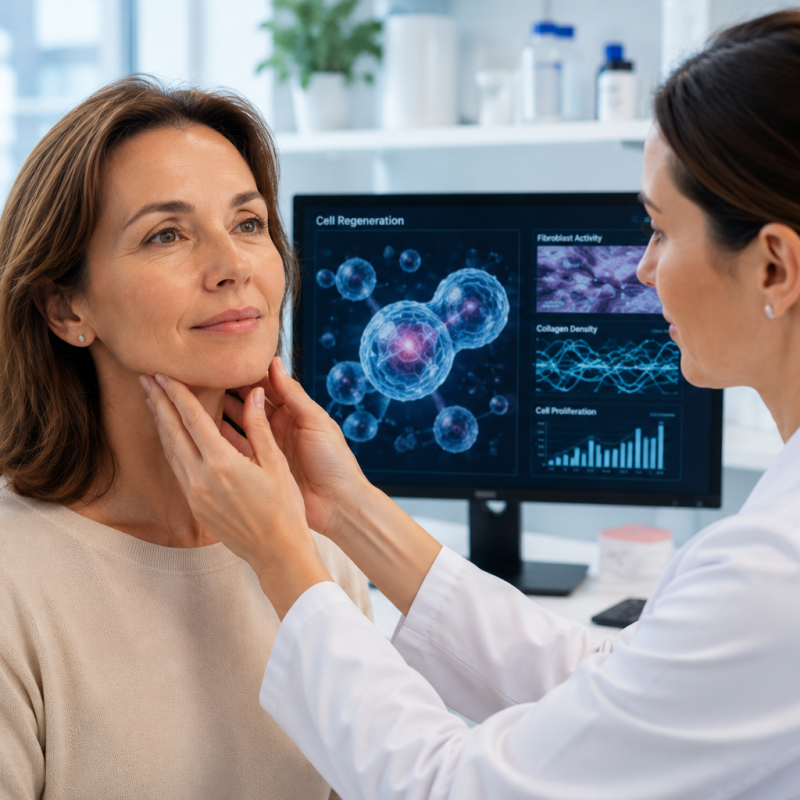 Médica a avaliar a pele de uma paciente durante uma consulta de medicina regenerativa estética, com imagem de regeneração celular ao fundo.