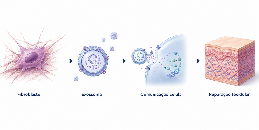 Esquema ilustrativo da medicina regenerativa estética mostrando a libertação de exossomas por fibroblastos, a comunicação celular e os processos de reparação tecidular.