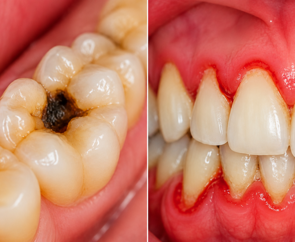 Imagem comparativa de um dente com cárie e de gengivas inflamadas por doença periodontal, duas das principais patologias orais associadas ao envelhecimento e à saúde oral.