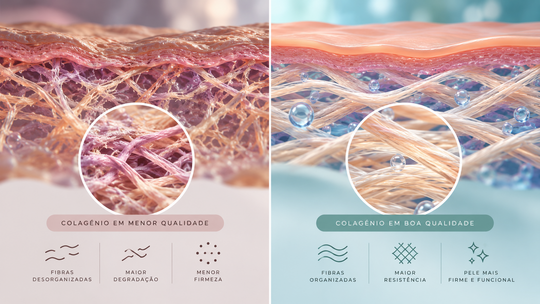 Ilustração comparativa da estrutura da pele, mostrando fibras de colagénio desorganizadas e fibras organizadas numa matriz dérmica saudável.