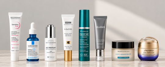 Composição de oito produtos de contorno de olhos recomendados pela Dr.ª Sónia Esteves, de diferentes marcas de dermocosmética.